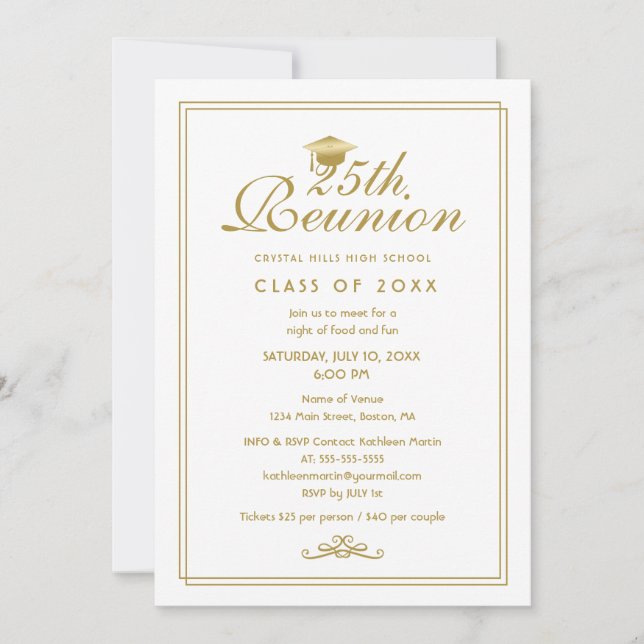 Elegant White Gold 25th Class Reunion Invitation (Front)