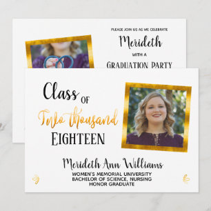 Elegant White Gold 2 Photo Trendy Graduation Party Invitation