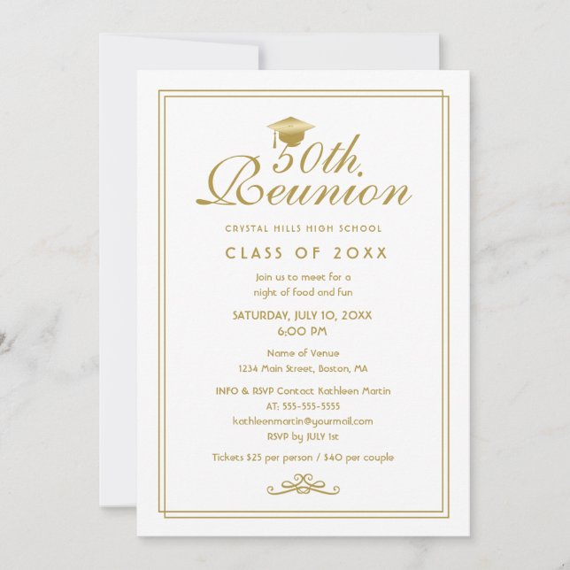 Elegant White Gold 50th Class Reunion Invitation (Front)