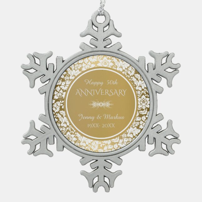 Elegant White & Gold 50th Wedding Anniversary Snowflake Pewter Christmas Ornament (Front)
