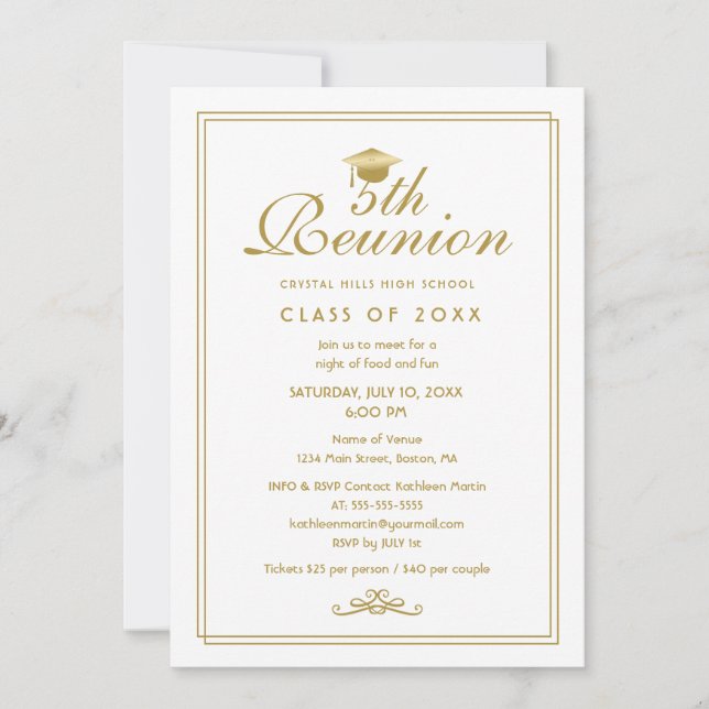 Elégant White Gold 5e Classe Reunion Invitation (Devant)