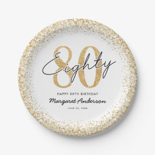 Elegant White Gold 80th Birthday Party Plates