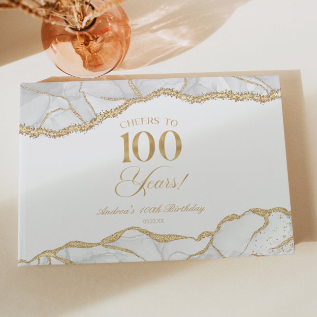 Elegant White Gold Agate 100th Birthday Party Guest Book (Creator Uploaded)