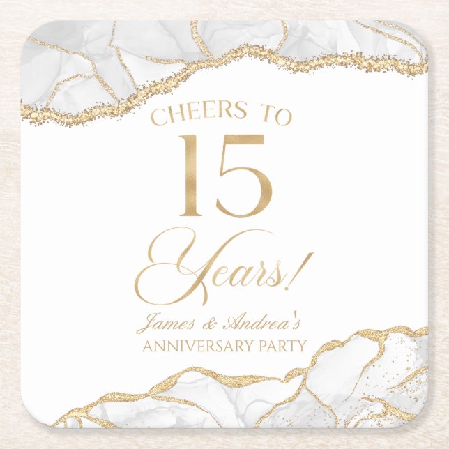 Elegant White Gold Agate 15th Anniversary Party Square Paper Coaster (Front)