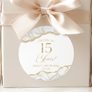 Elegant White Gold Agate 15th Birthday Party Classic Round Sticker