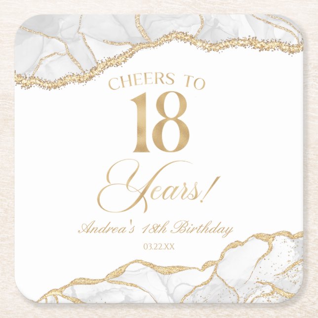 Elegant White Gold Agate 18th Birthday Party Square Paper Coaster (Front)