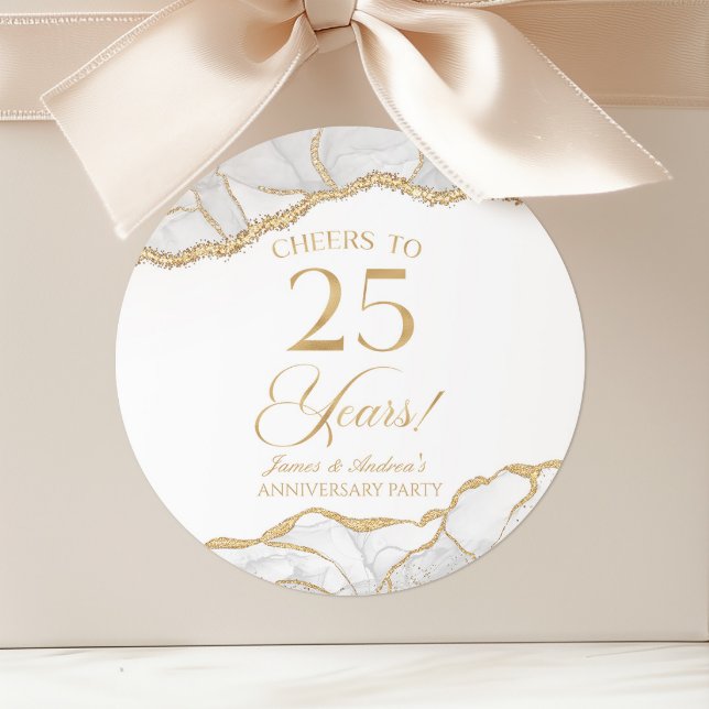 Elegant White Gold Agate 25th Anniversary Party Classic Round Sticker (Creator Uploaded)