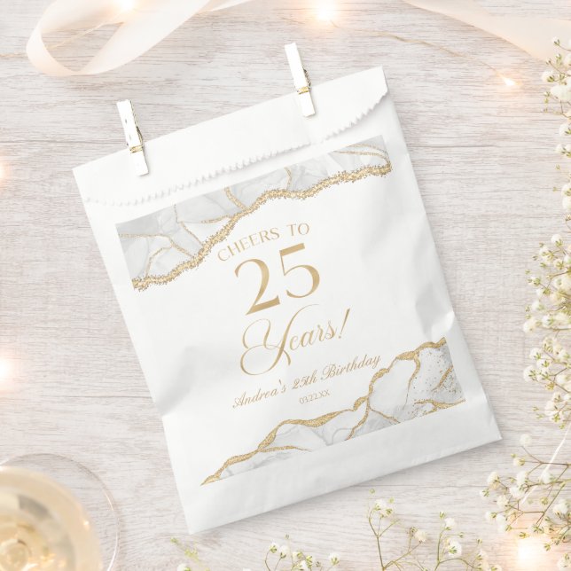 Elegant White Gold Agate 25th Birthday Party Favour Bag (Clipped)