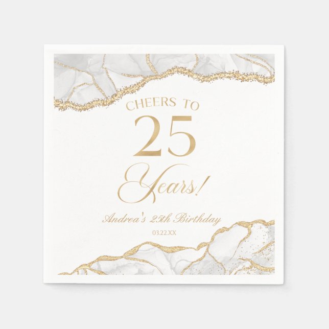 Elegant White Gold Agate 25th Birthday Party Napkin (Front)
