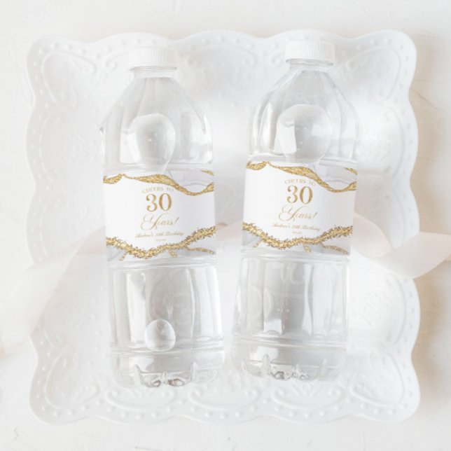 Elegant White Gold Agate 30th Birthday Party Water Bottle Label (Creator Uploaded)