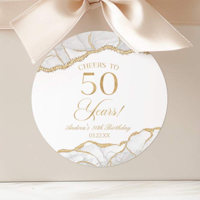 Elegant White Gold Agate 50th Birthday Party Classic Round Sticker (Creator Uploaded)