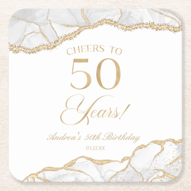 Elegant White Gold Agate 50th Birthday Party Square Paper Coaster (Front)