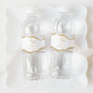 Elegant White Gold Agate 50th Birthday Party Water Bottle Label