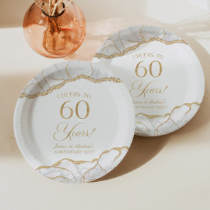 Elegant White Gold Agate 60th Anniversary Party Paper Plate