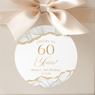 Elegant White Gold Agate 60th Birthday Party Classic Round Sticker