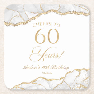 Elegant White Gold Agate 60th Birthday Party Square Paper Coaster