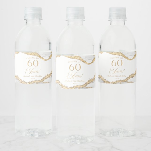 Elegant White Gold Agate 60th Birthday Party Water Bottle Label (Bottles)