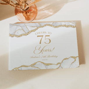 Elegant White Gold Agate 75th Birthday Party Guest Book