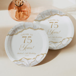 Elegant White Gold Agate 75th Birthday Party Paper Plate