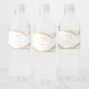 Elegant White Gold Agate 75th Birthday Party Water Bottle Label