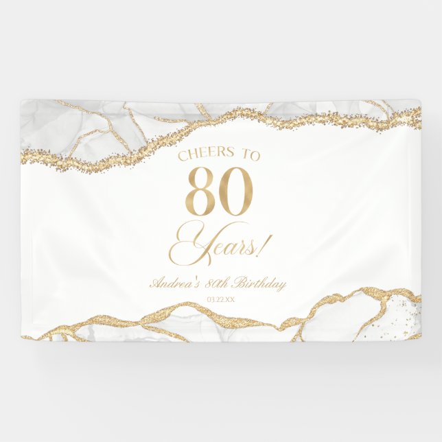 Elegant White Gold Agate 80th Birthday Party Banner (Horizontal)
