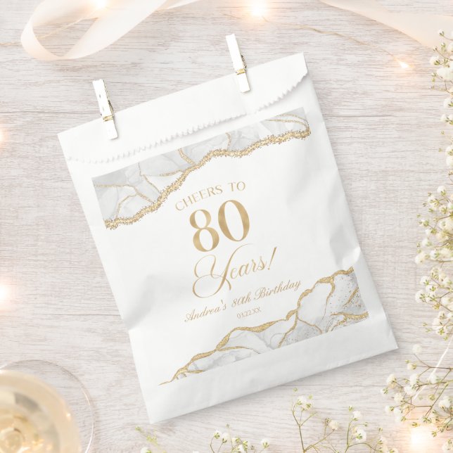 Elegant White Gold Agate 80th Birthday Party Favour Bag (Clipped)