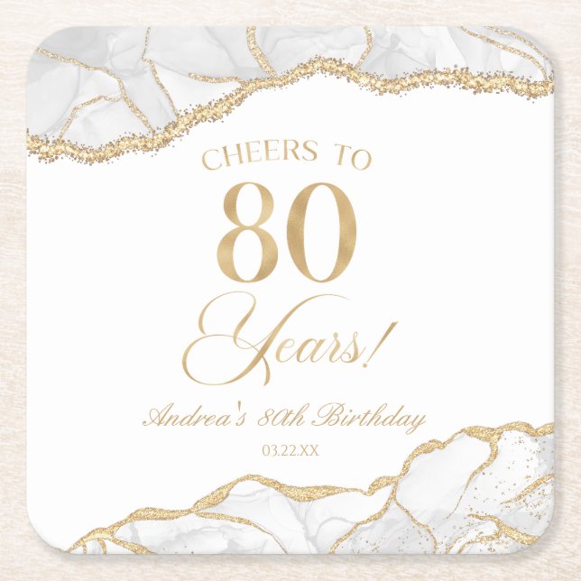 Elegant White Gold Agate 80th Birthday Party Square Paper Coaster (Front)