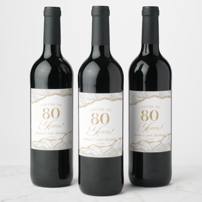 Elegant White Gold Agate 80th Birthday Party Wine Label (Bottles)