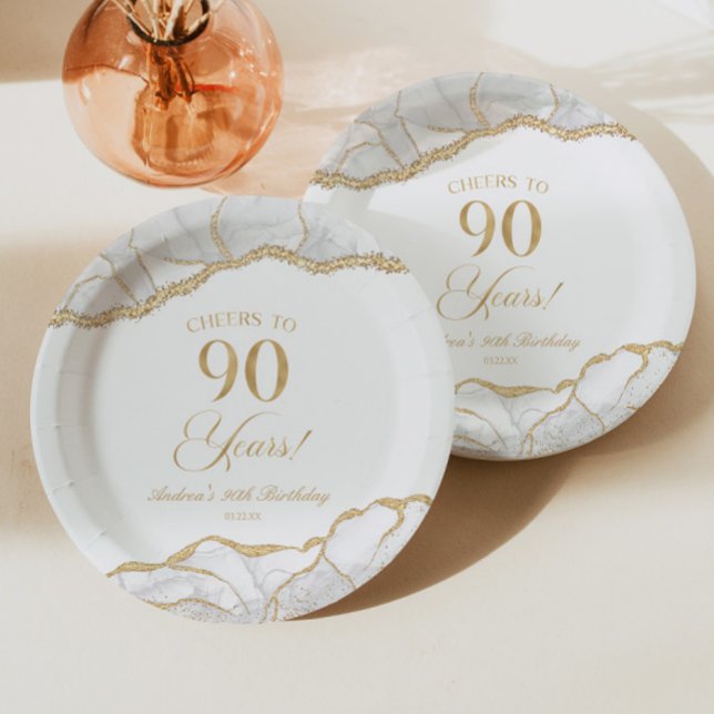 Elegant White Gold Agate 90th Birthday Party Paper Plate (Creator Uploaded)