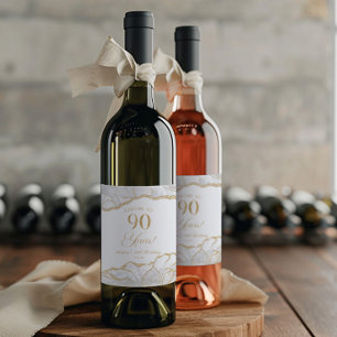 Elegant White Gold Agate 90th Birthday Party Wine Label