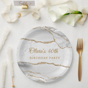 Elegant White & Gold Agate Birthday Party Paper Plate