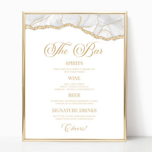 Elegant White Gold Agate Party Bar Menu Sign