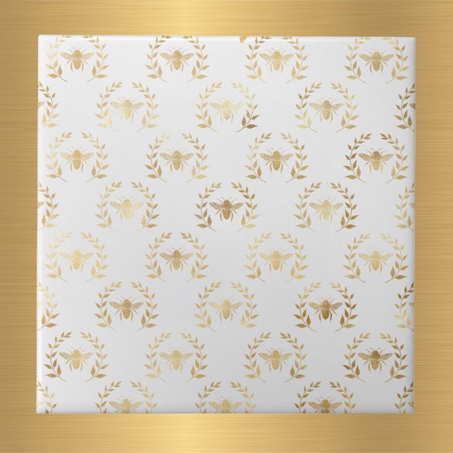 Elegant White Gold Bees Laurel Wreath Tile (Creator Uploaded)