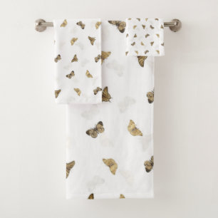 Elegant White Gold Butterflies Bath Towel Set
