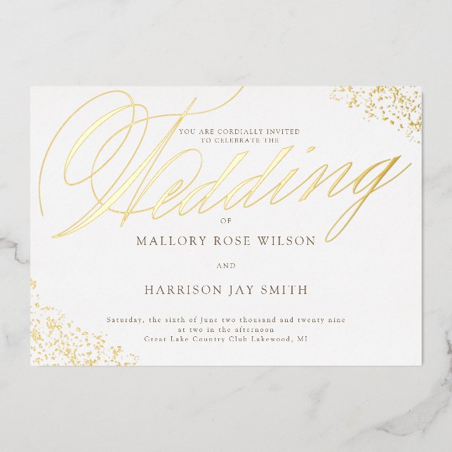 Elegant White Gold Calligraphy Wedding Invitation (Front)