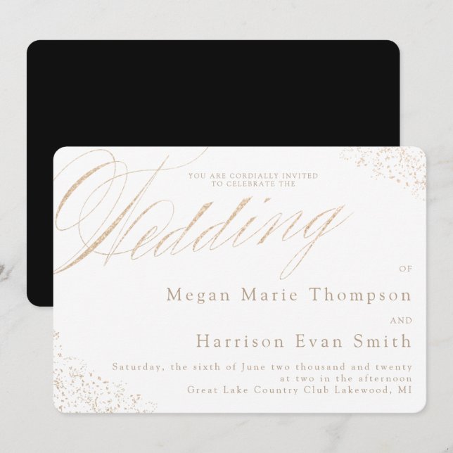 Elegant White Gold Calligraphy Wedding Invitation (Front/Back)