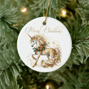 Elegant White & Gold Christmas Unicorn Ceramic Ornament