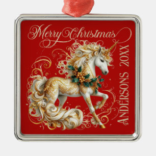 Elegant White & Gold Christmas Unicorn Metal Ornament