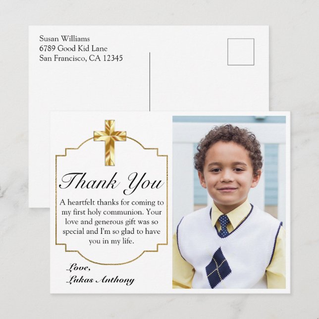 Elegant White Gold Cross 1st Communion Thank You Postcard (Front/Back)