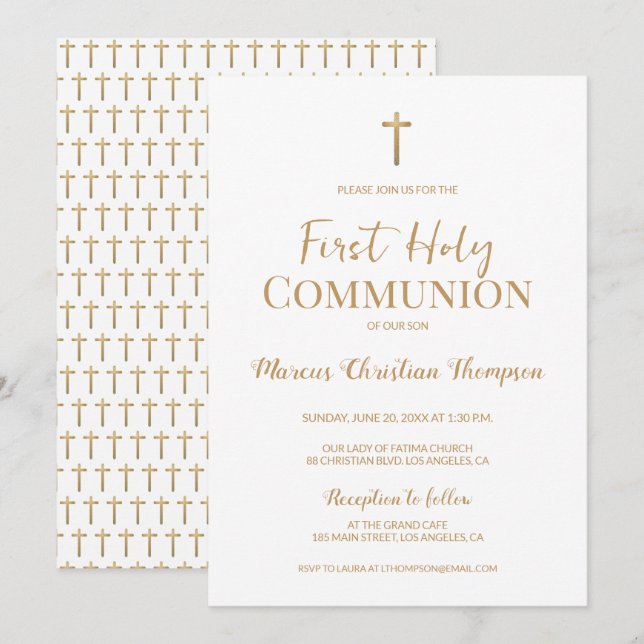Elegant White Gold Cross Boy First holy communion  Invitation (Front/Back)