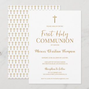 Elegant White Gold Cross Boy First holy communion Invitation