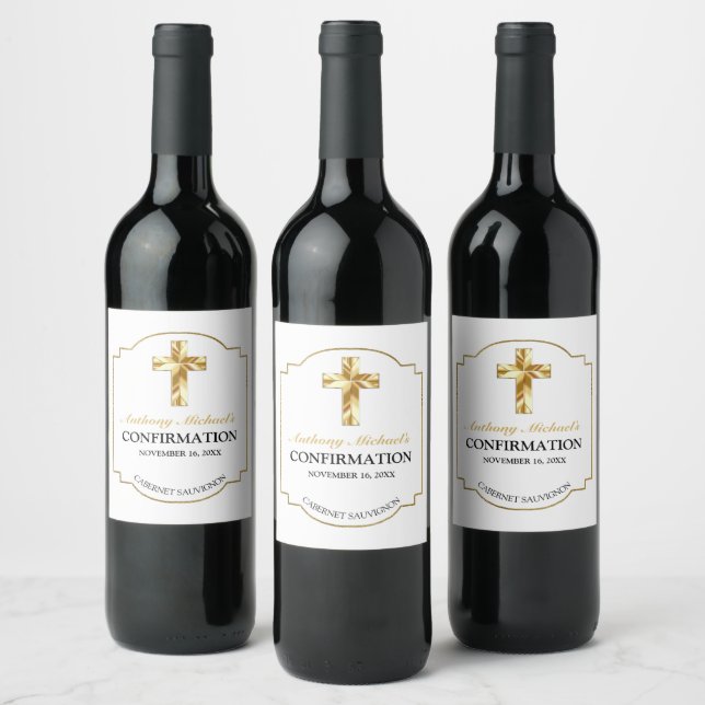 Elegant White Gold Cross Boy's Confirmation Wine Label (Bottles)