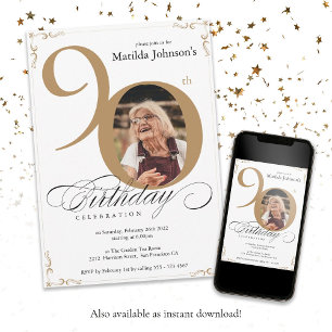Elegant White Gold Custom Photo 90th Birthday Invitation