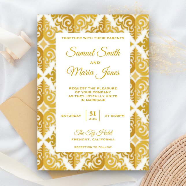 Elegant White Gold Damask Wedding Invitation (Creator Uploaded)