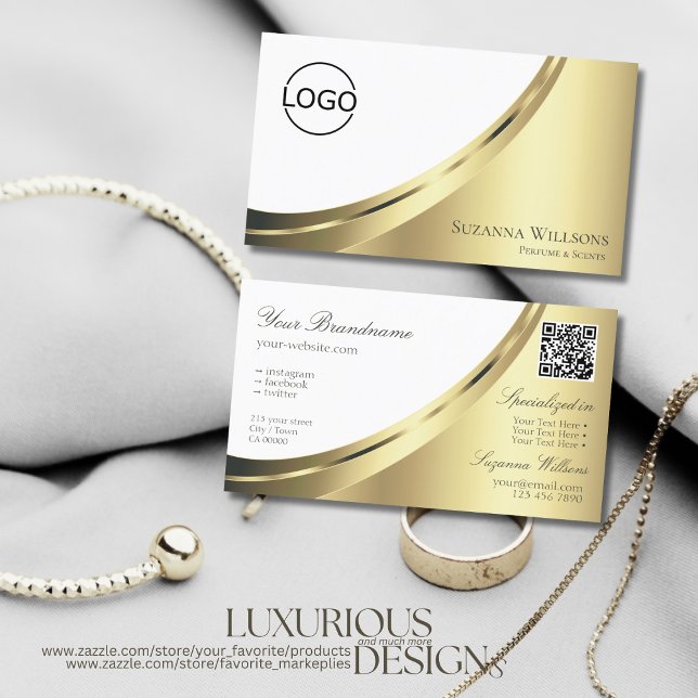 Elegant White Gold Decor with Logo and QR-Code Business Card (Creator Uploaded)