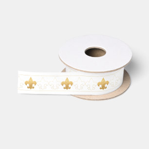 Elegant White & Gold Fleur De Lis Ribbon Satin Ribbon