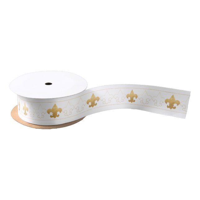 Elegant White & Gold Fleur De Lis Ribbon Satin Ribbon (Spool)