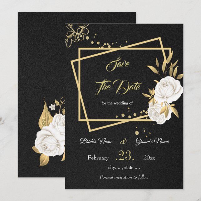elegant white gold floral black save the date (Front/Back)