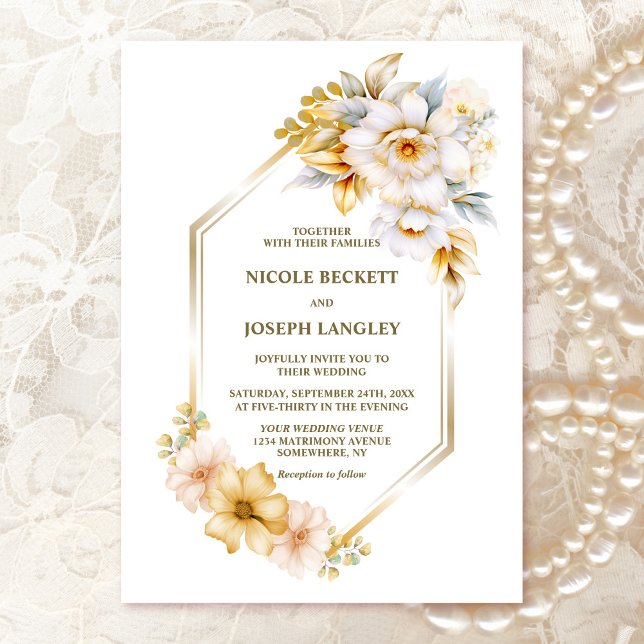 Elegant White Gold Floral Geometric Wedding Invitation (Creator Uploaded)