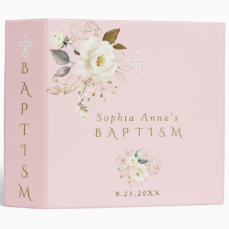 Elegant White Gold Floral Girl Baptism Photo Album Binder